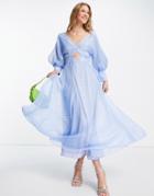 Asos Edition Blouson Sleeve Midi Dress In Organza Check In Pale Blue-blues
