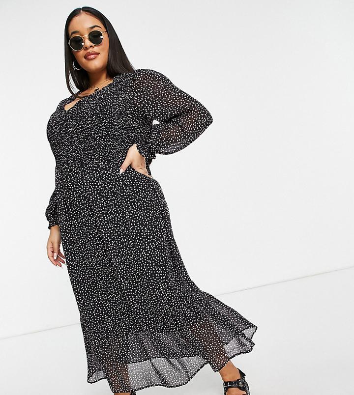 New Look Curve V Neck Shirred Midi Dress In Black Pattern