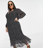 New Look Curve V Neck Shirred Midi Dress In Black Pattern