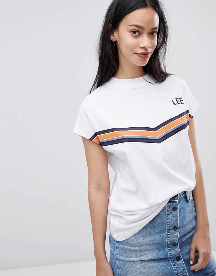 Lee High Neck T Shirt With Chevron Stripe And Logo - White
