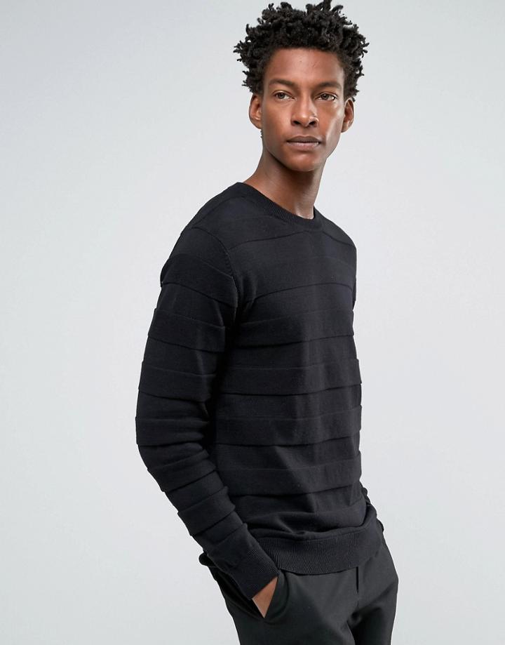 Troy Tone Stripe Sweater With Crew Neck - Black