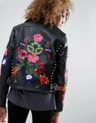 Asos Premium Leather Biker Jacket With Floral Embroidery And Stud Deta