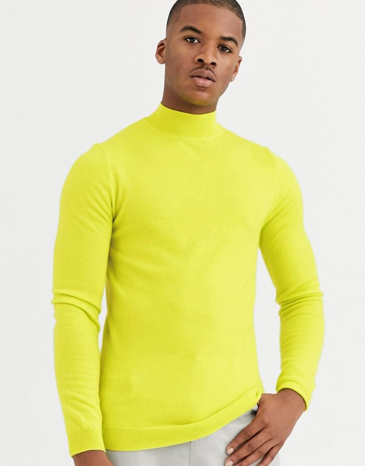 Asos Design Muscle Fit Merino Wool Turtleneck Sweater In Neon Green - Green