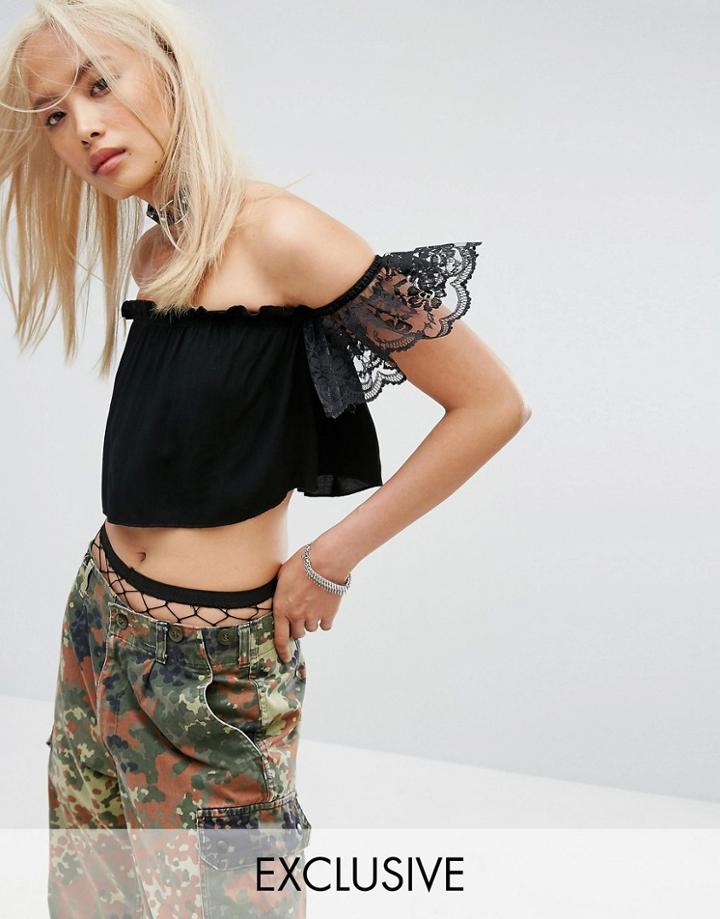 Milk It Vintage Off Shoulder Festival Crop Top In Lace - Black