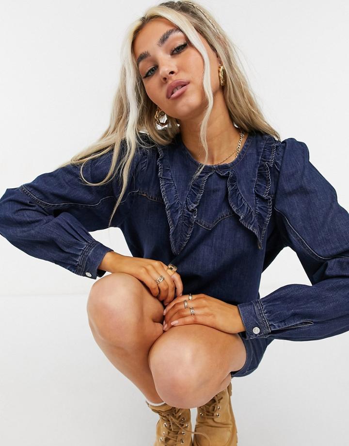 Noisy May Denim Shirt Dress With Prairie Collar In Dark Blue-blues