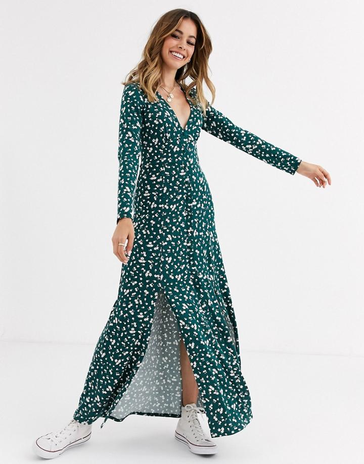 Asos Design Long Sleeve Button Through Maxi Tea Dress With Splits In Ditsy Print-multi