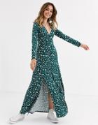Asos Design Long Sleeve Button Through Maxi Tea Dress With Splits In Ditsy Print-multi