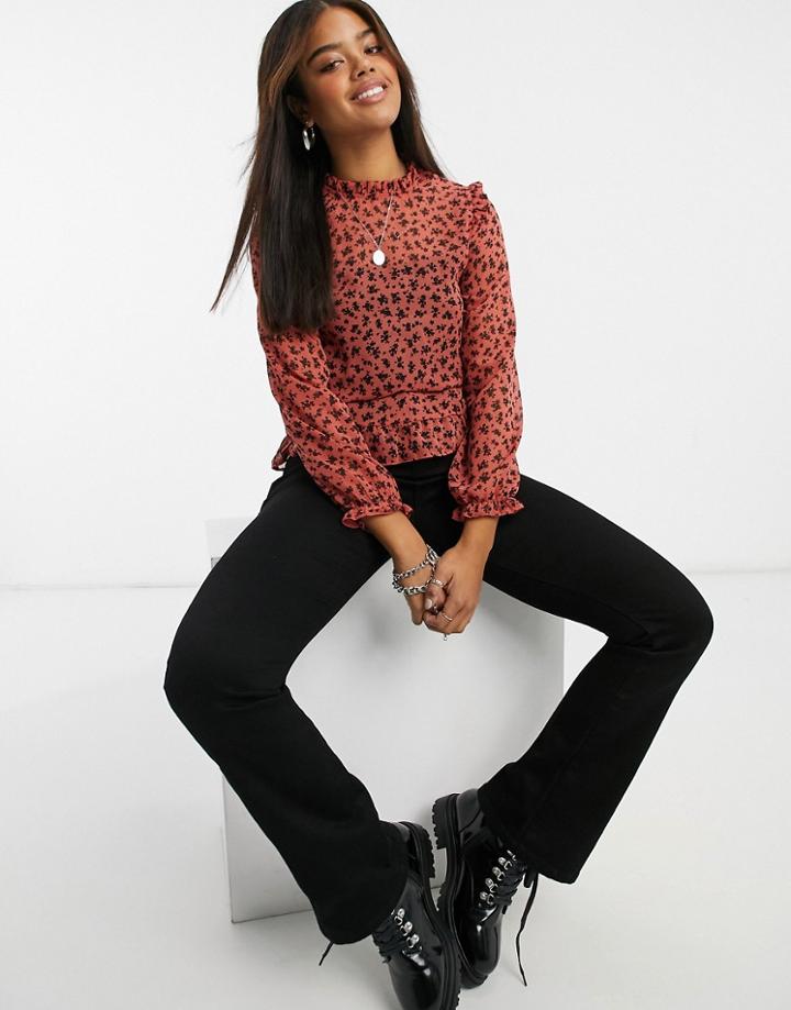 Nobody's Child High Neck Blouse With Ruffle Trims In Ditsy Floral-red