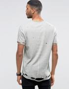 Asos Longline T-shirt With Spine Text Print And Distressed Curved Hem - Gray