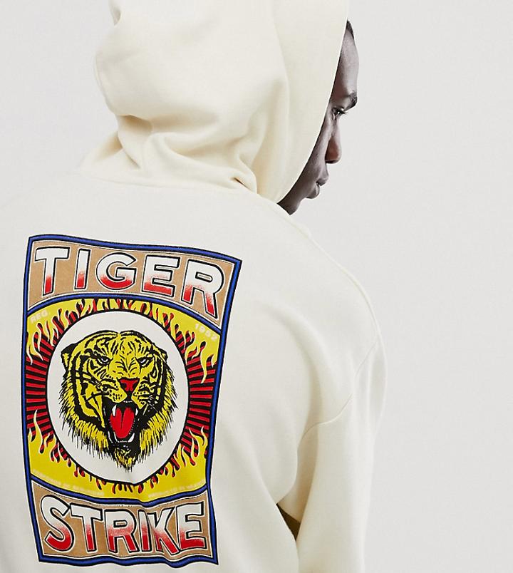 Asos Design Tall Oversized Short Sleeve Hoodie With Tiger Back Print - Beige