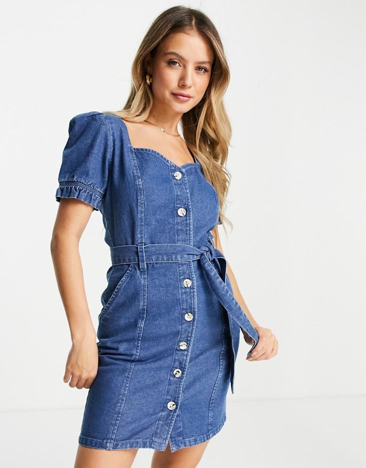 Miss Selfridge Belted Sweetheart Neckline Dress In Midwash Blue-blues