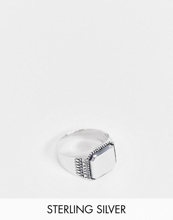Asos Design Sterling Silver Signet Ring With Textured Edge In Burnished Silver
