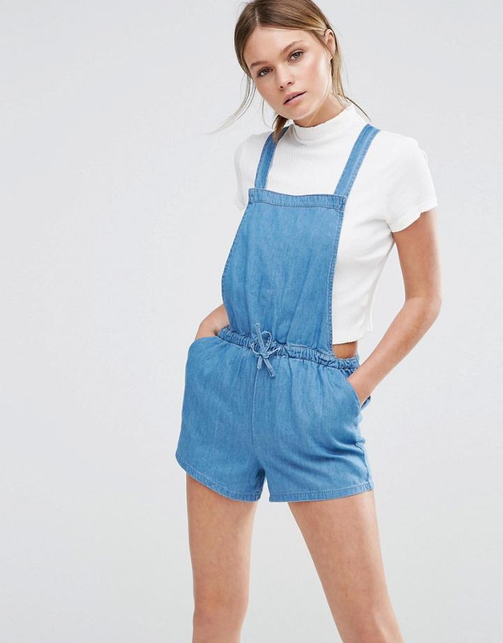 New Look Chambray Drawstring Romper - Blue