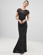 City Goddess Pleated Glitter Maxi Dress With Mesh Detail - Black