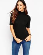 Asos Turtleneck Top In Textured Rib With Short Sleeve - Black