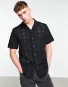 Asos Design Relaxed Eyelet Shirt With Revere Collar In Black