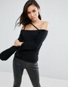 Asos Top With Off Shoulder Caging And Split Sleeves - Black