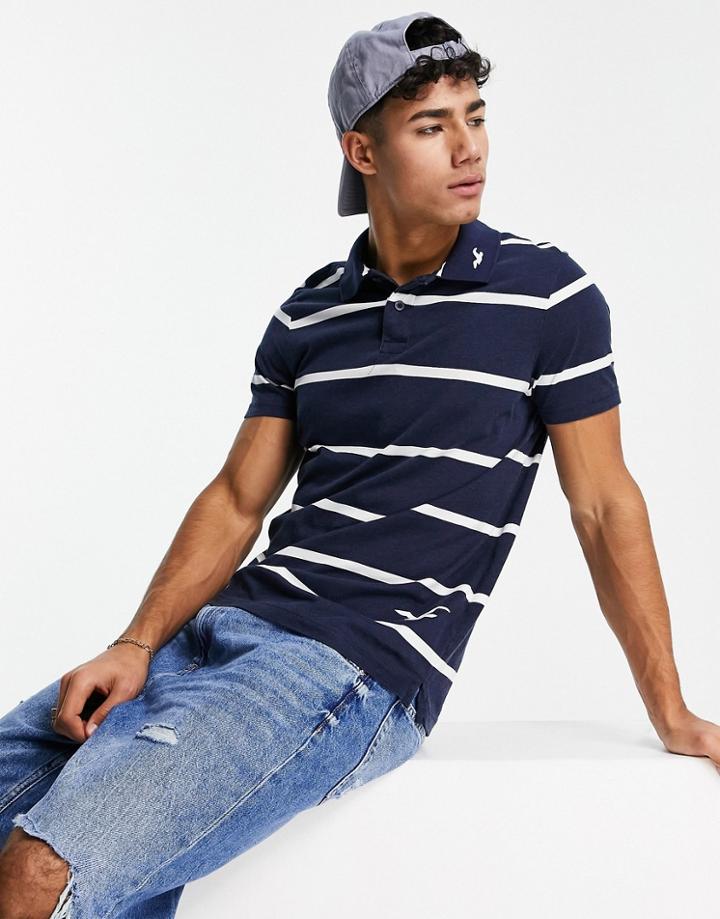 Hollister Icon Logo Preppy Stripe Polo In Navy