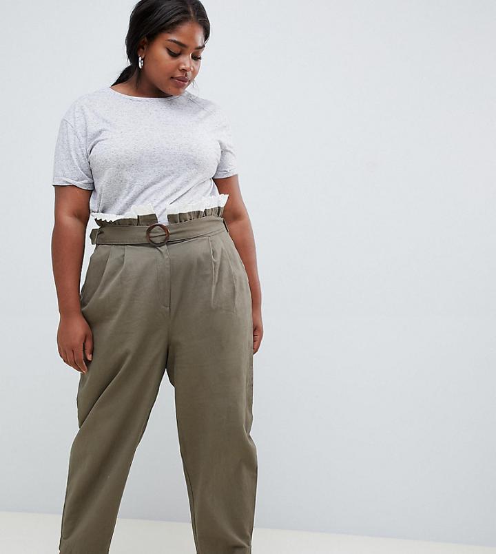 Asos Design Curve Peg Pants With Lace Paperbag Waist - Brown