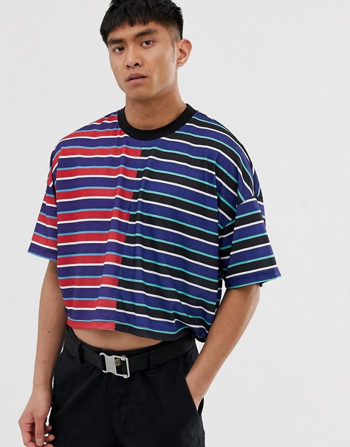 Asos Design Oversized Crop T-shirt In Splice Contrast Stripe - Multi