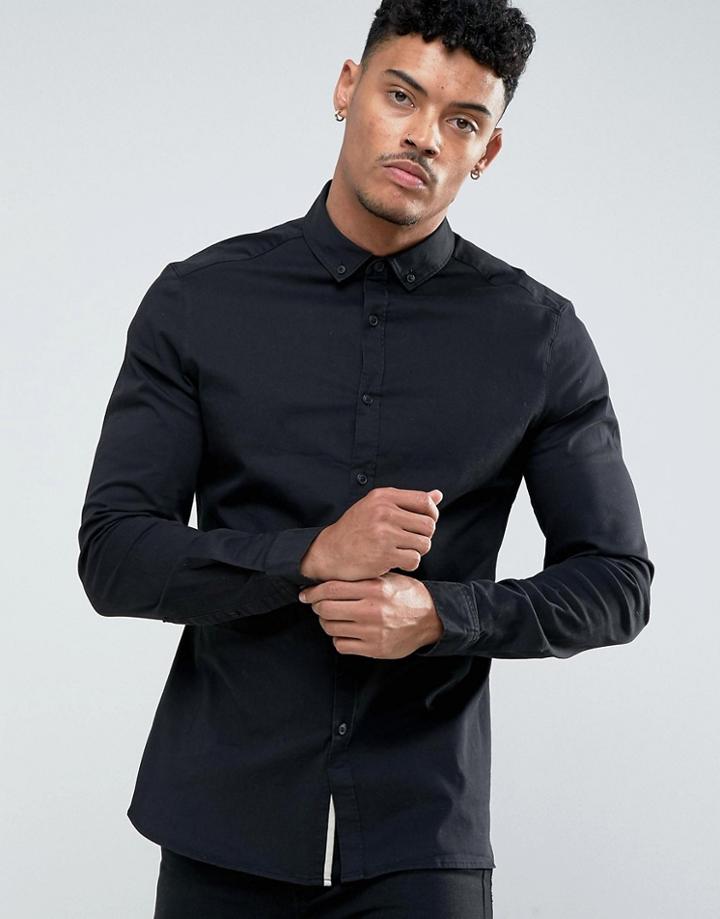 Asos Stretch Slim Twill Shirt In Black - Black