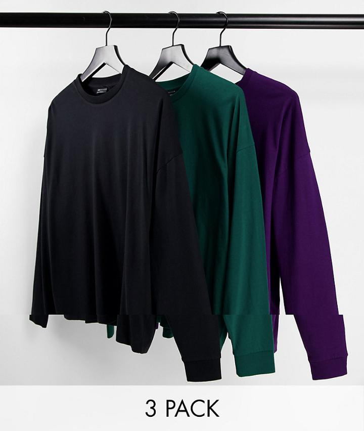 Asos Design 3 Pack Organic Cotton Blend Oversized Long Sleeve T-shirt In Multi