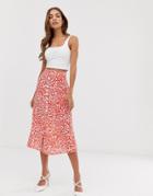 River Island Button Through Midi Skirt In Red Print - Red