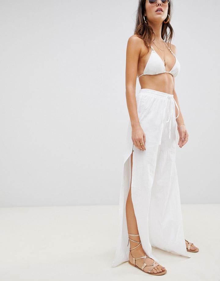Asos Design Beach Pants In Linen With Side Split & Tortoiseshell Buttons-white