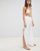 Asos Design Beach Pants In Linen With Side Split & Tortoiseshell Buttons-white