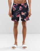 Asos Mid Length Swim Shorts With Floral Print - Black