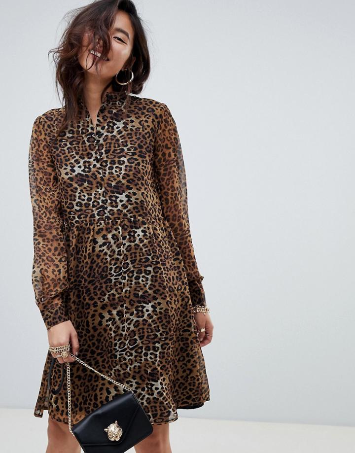 Na-kd High Neck Leopard Print Mini Shirt Dress In Brown - Multi