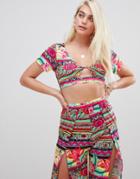 Asos Design Beach Wrap Jersey Crop Top In Tropical Tile Print Coord - Multi
