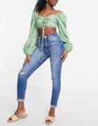 River Island High Rise Ripped Skinny Jeans In Medium Blue