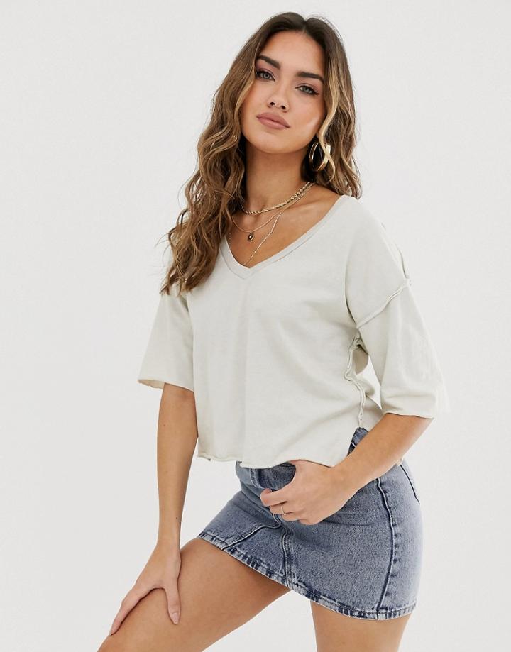 Asos Design T-shirt With Raw Seams And V-neck In Washed Stone
