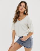 Asos Design T-shirt With Raw Seams And V-neck In Washed Stone