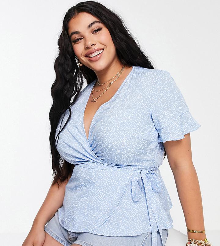 Vero Moda Curve Wrap Blouse In Blue Ditsy Floral-blues