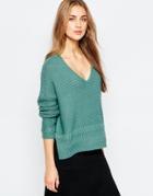 Asos Ultimate Chunky V Neck Sweater With Stitch Detail - Green
