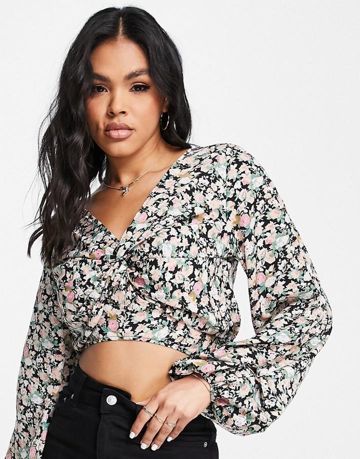 Ax Paris Wrap Cropped Blouse In Dark Floral-multi