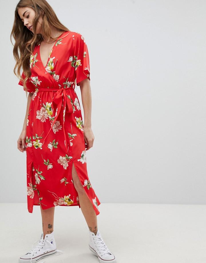 Influence Wrap Midi Dress With Split In Floral Print - Red
