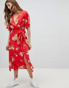 Influence Wrap Midi Dress With Split In Floral Print - Red
