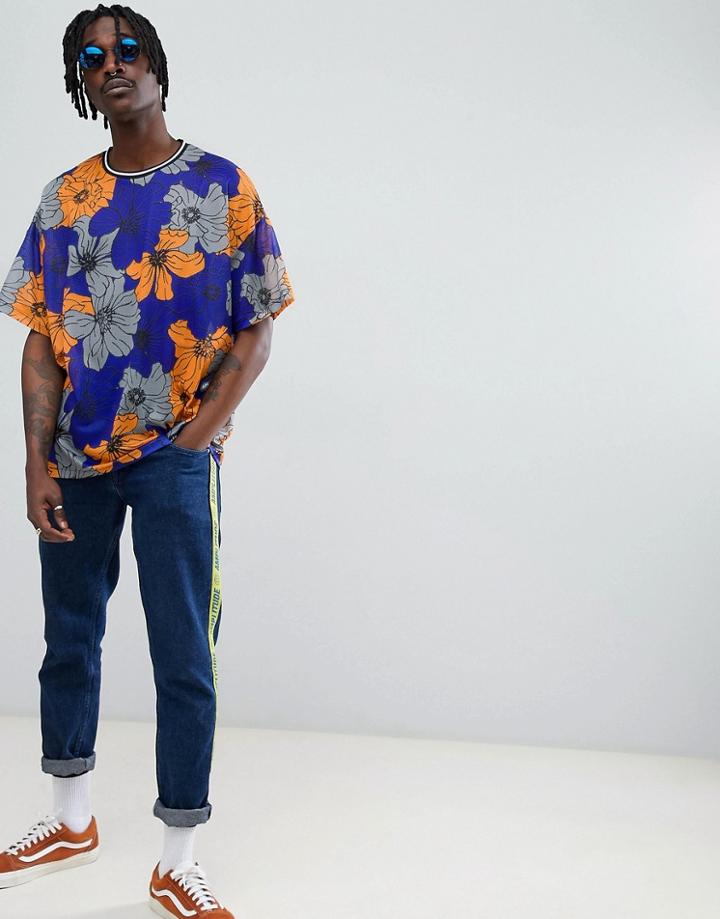 Asos Design Oversized T-shirt With Floral All Over Mesh And Tipped Rib - Multi