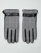 Asos Design Leather Prince Of Wales Check Touchscreen Gloves In Black - Black