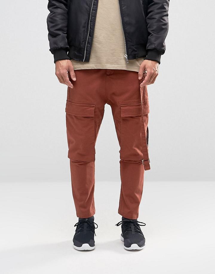 Asos Drop Crotch Cropped Trousers With Cargo Pockets In Rust - Brown