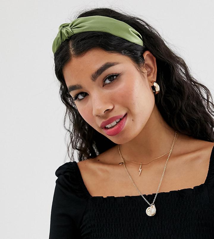 Designb London Khaki Satin Knot Front Headband-green