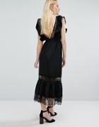 Lost Ink Deep V Dress In Satin And Lace - Black