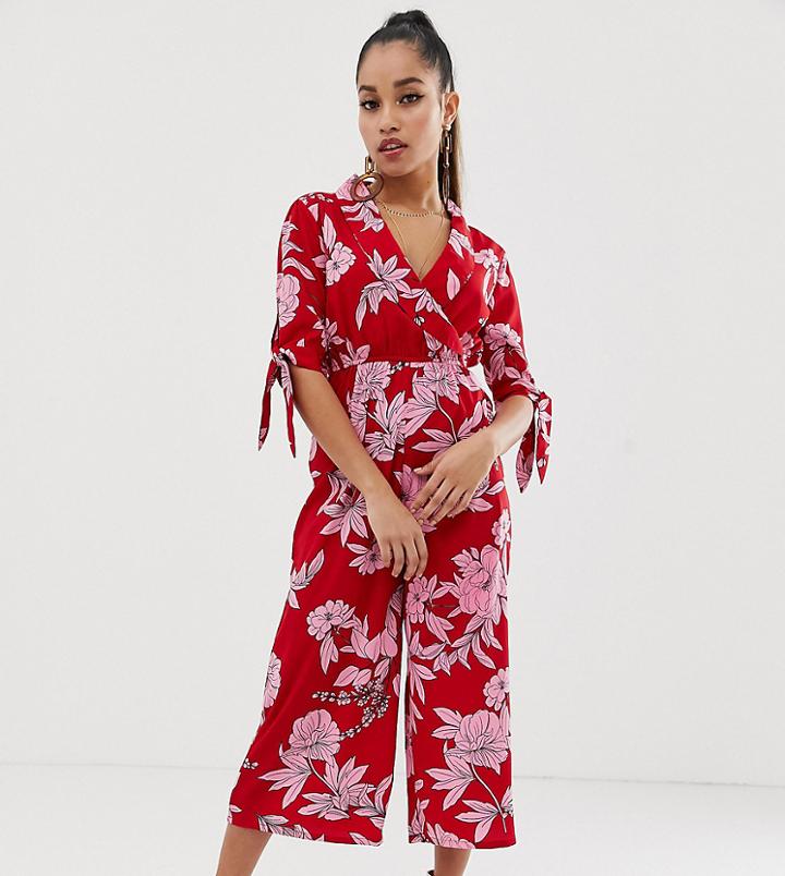 Boohoo Petite Exclusive Culotte Jumpsuit In Red Floral - Multi