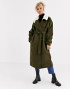 Asos Design Borg Collared Coat In Khaki-green