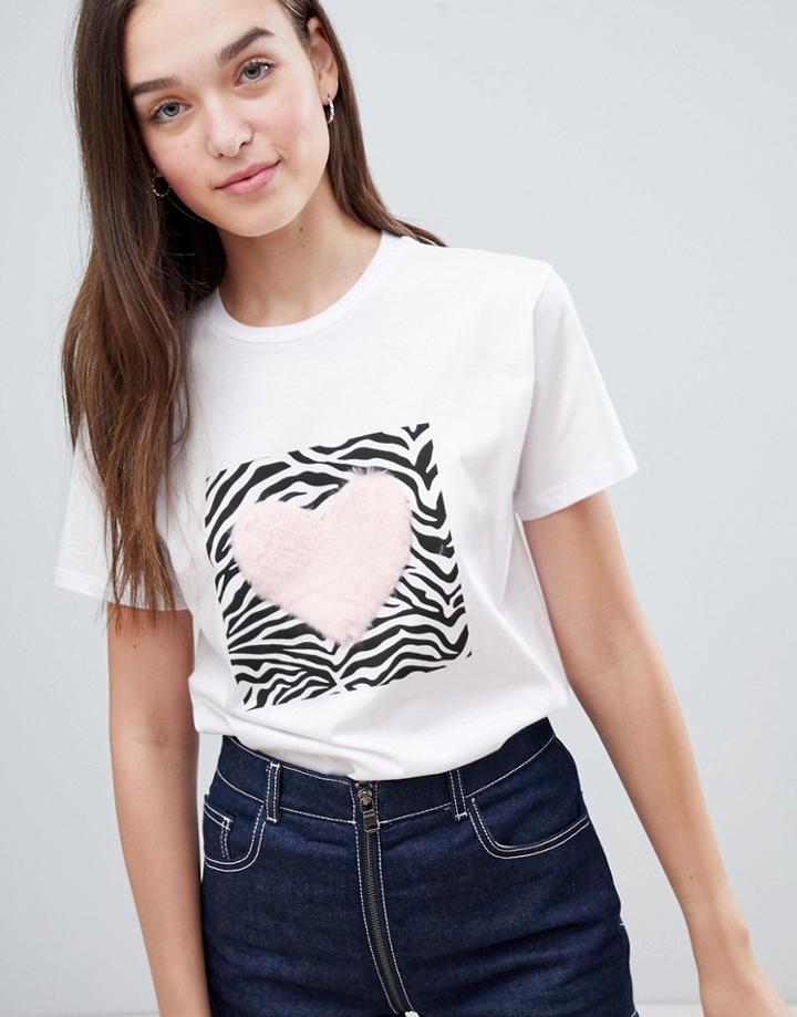 Asos Design T-shirt With Zebra Print And Fluffy Heart In White - White