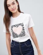 Asos Design T-shirt With Zebra Print And Fluffy Heart In White - White