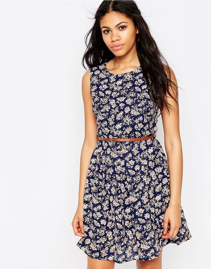 Iska Floral Print Belted Dress - Navy